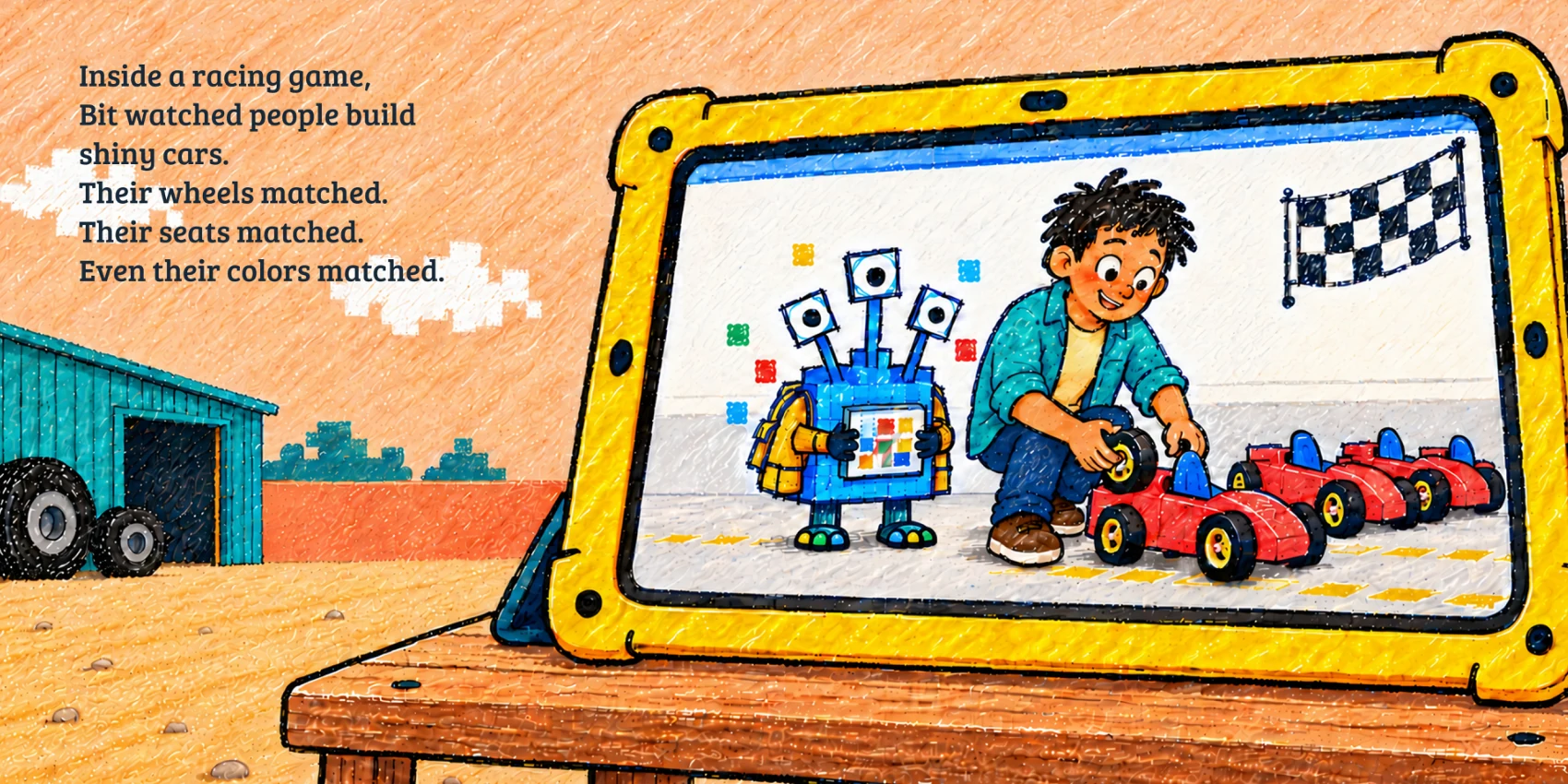 Opening two-page spread from Bit and the Great Junkyard Race