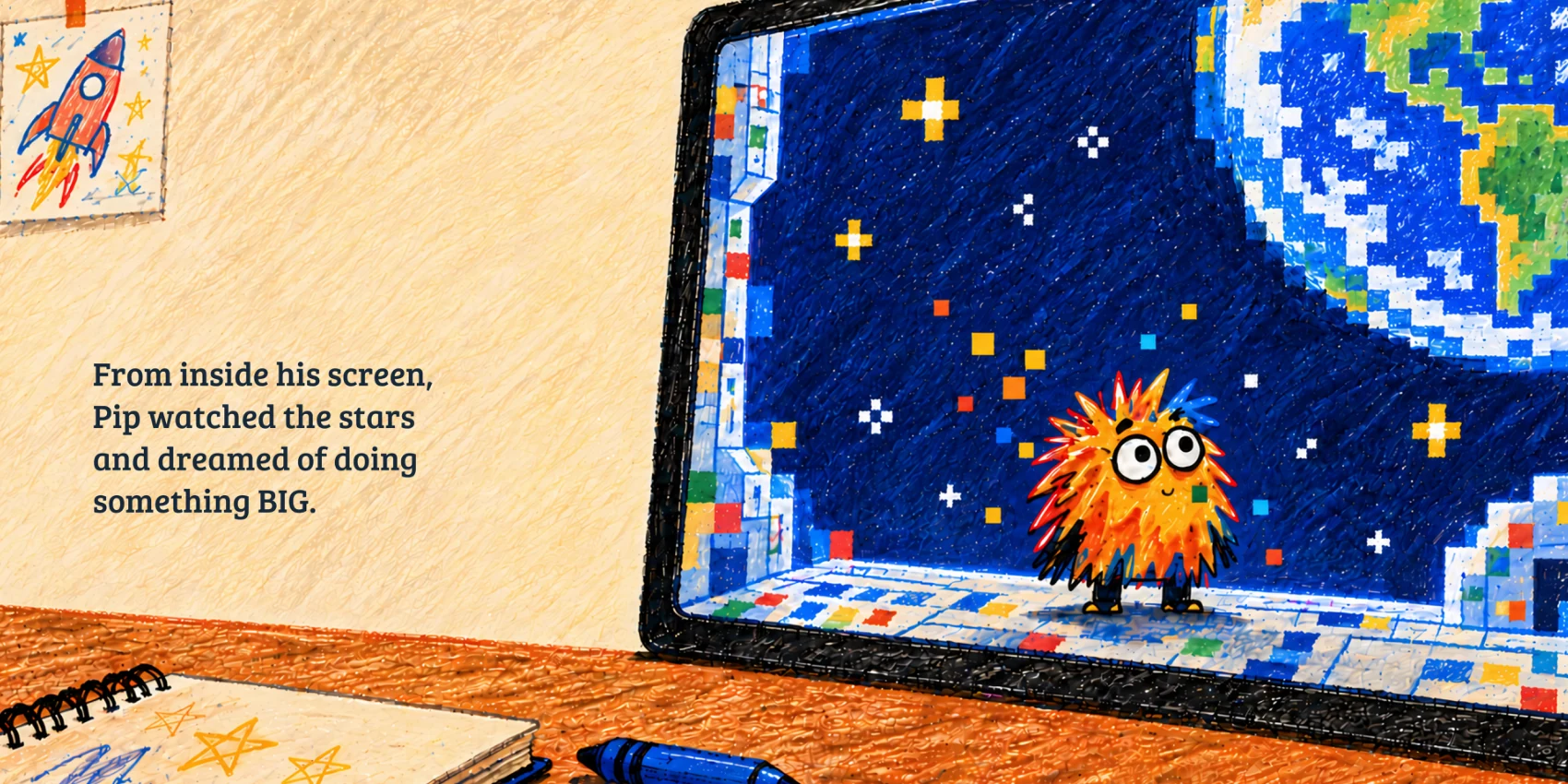 Opening two-page spread from Pip and the Big Space Dream