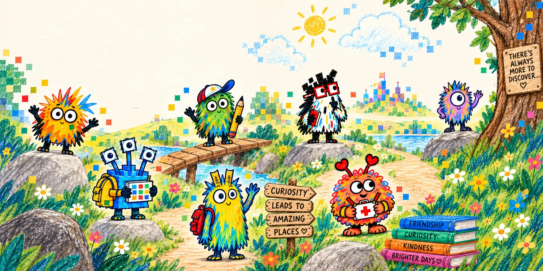 All seven Scribbles Meet Pixels friends in their illustrated world.