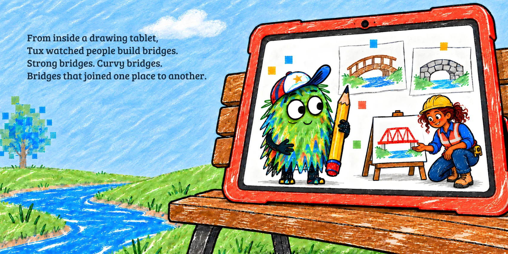 Opening two-page spread from Tux and the Wobbly Bridge